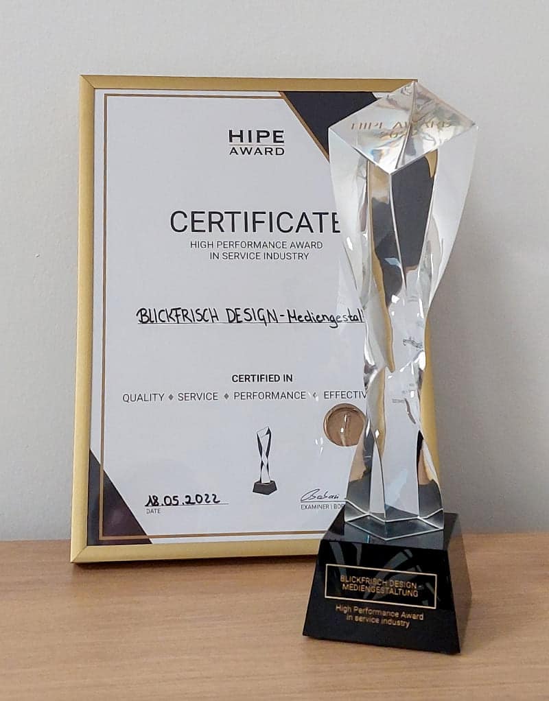Zertifikat und Pokal von HIPE AWARD